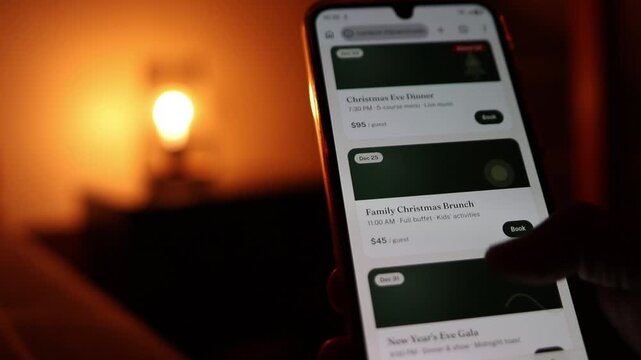 Person booking christmas family dinner reservation using a smartphone app at night, choosing the date, number of guests, vegetarian menu, and confirming the payment online