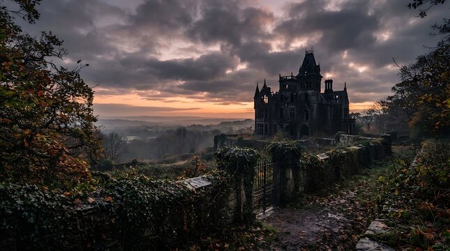 Abandoned gothic mansion with crumbling stone walls at sunset with a dark moody sky and autumn foliage over rolling