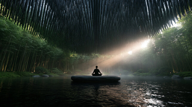 Person Meditating on Water in Serene Bamboo Sanctuary