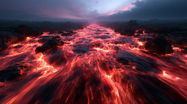 River of Molten Lava Flowing Across Volcanic Landscape