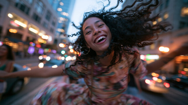 Joyful Young Woman Dancing in City Street at Night