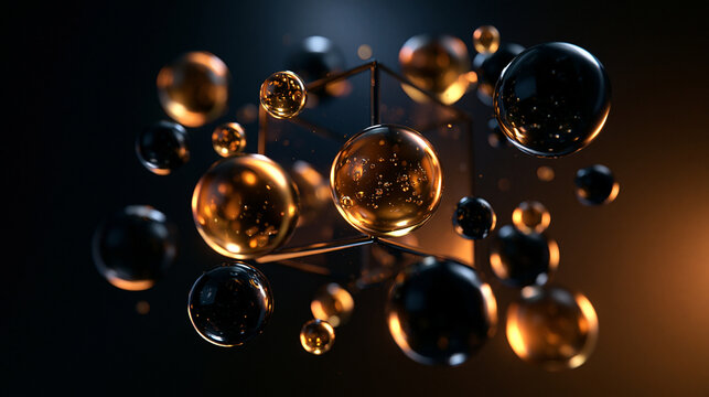 Abstract Floating Golden Spheres and Geometric Wireframe