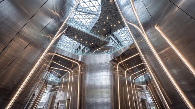 Futuristic Modern Architecture Interior with Metal Walls and Skylight