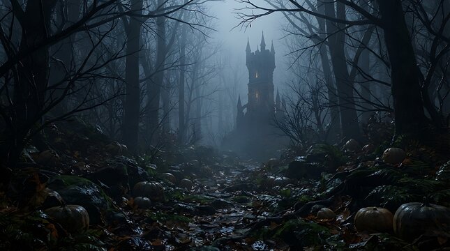 Spooky gothic tower standing in a dark misty forest with pumpkins on the ground for Halloween background