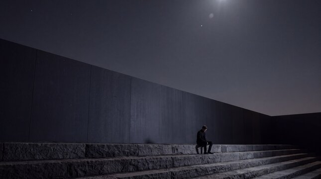 Figure Sitting on Stone Steps by Modern Wall at Night