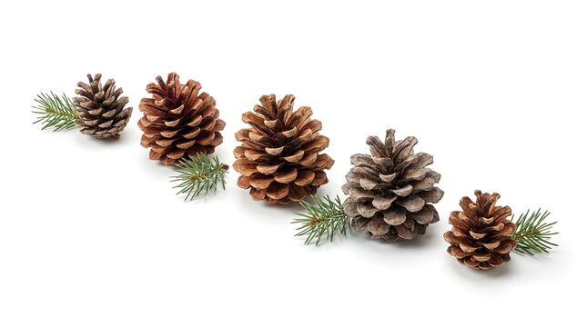 A row of various brown pine cones with small green evergreen sprigs isolated on a white background