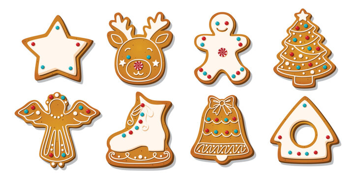 Christmas Gingerbread cookies for xmas celebration. Winter homemade biscuits with sweet icing details in festive shapes isolated on white background. Festive decoration vector illustration.
