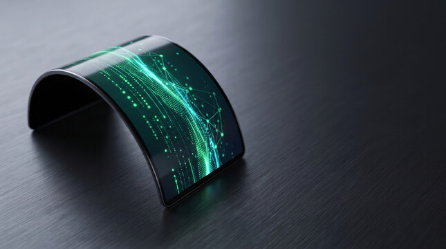 Curved flexible OLED screen displaying futuristic digital network on dark background