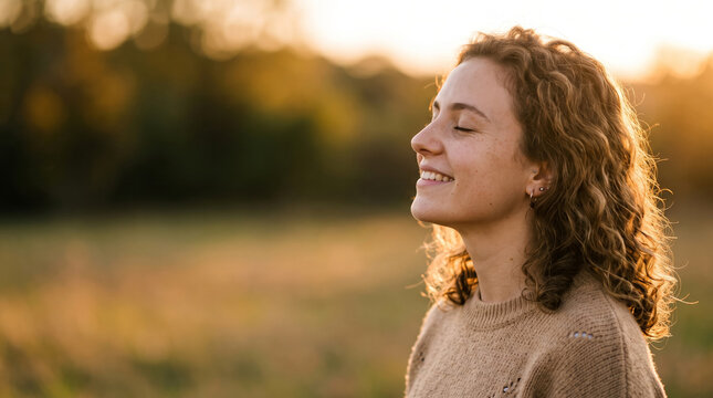 Young woman with curly hair feeling relief and smiling in golden hour sunlight