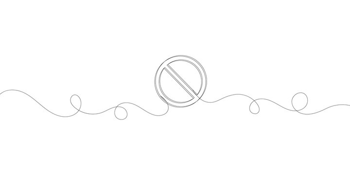 Single continuous line drawing of a prohibition sign with curly decorative lines