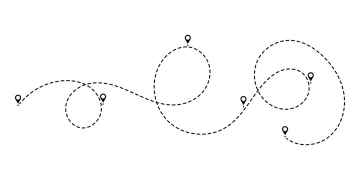 Dashed travel route line with location pin markers showing a journey path on a map