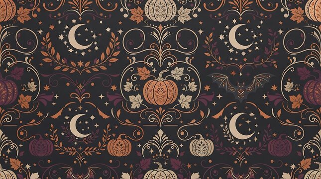 Seamless Halloween pattern with ornate pumpkins crescent moons bats and autumn leaves in a vintage decorative style