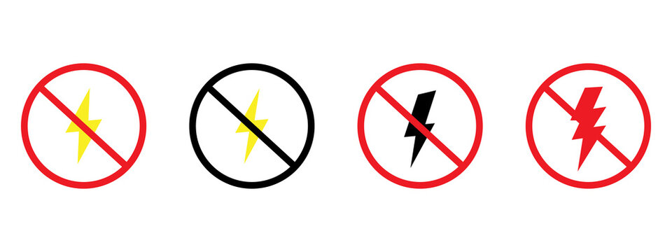 Set of four no lightning bolt warning signs and prohibition icons for electrical safety and energy