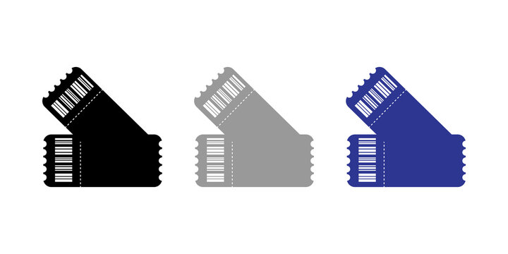 Set of three cinema or event admission tickets with barcode in black grey and blue colors