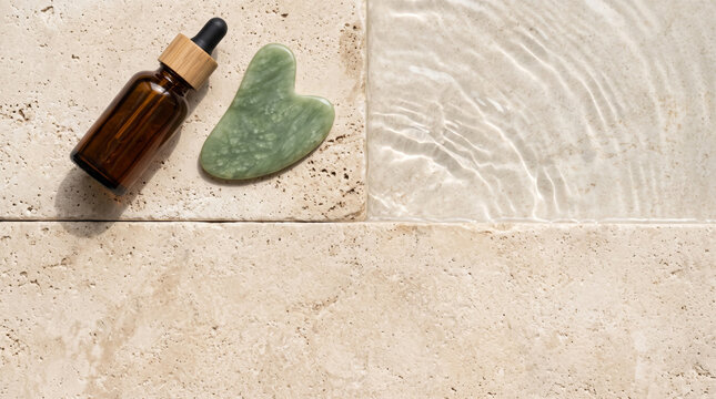 Amber dropper bottle and green gua sha stone on textured surface with water