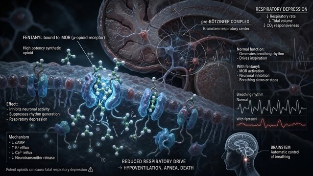3d scientific illustration of potent fentanyl binding to brainstem mor receptors severely impairing the pre botzinger complex and suppressing respiration