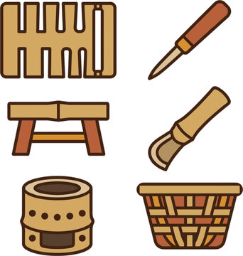 Set of wooden craft tools and items, including a stencil, awl, brush