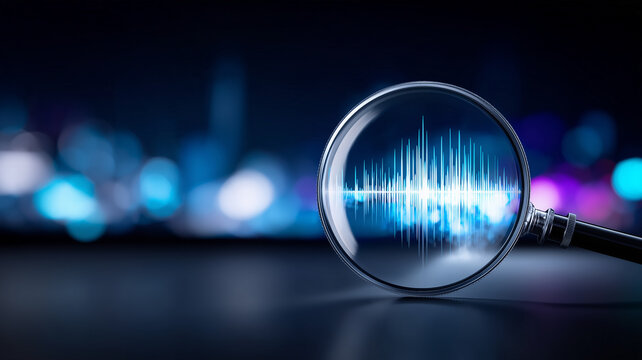 A magnifying glass focused on an audio waveform represents sound analysis and digital signal investigation for voice recognition technology.
