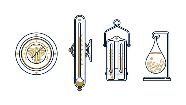 Vintage weather instruments line art set with barometer thermometer and hygrometer icons