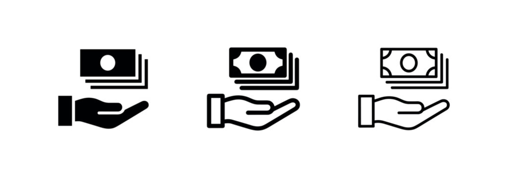 Hand holding money icon set, giving or receiving cash, payment, and financial transaction.