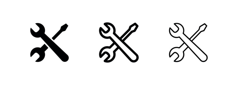 Tools icon set, crossed wrench and screwdriver, repair, settings, and maintenance symbol.