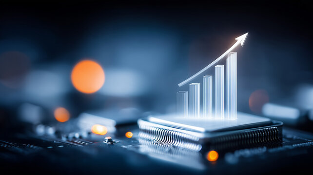 A rising bar chart and arrow emerging from a microchip represents technology growth and increasing computing performance through digital innovation.
