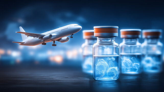 An airplane flies beside medical vials to represent vaccine transport pharmaceutical logistics and global healthcare distribution.

