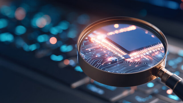 A magnifying glass examines a processor and illuminated circuit paths to represent semiconductor diagnostics hardware inspection and electronic quality assurance.
