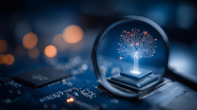 A magnifying glass focuses on a circuit tree growing from a microchip to represent digital innovation computing infrastructure and technology development.

