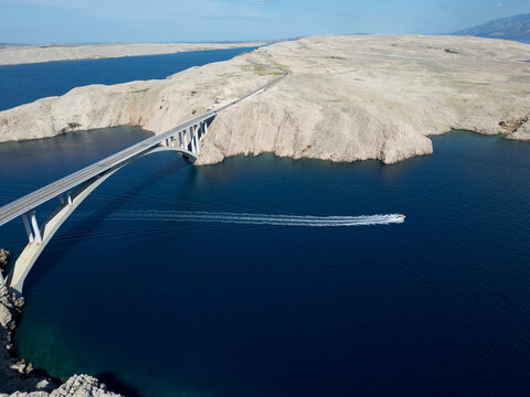 Aerial View of Pag Bridge and Rugged Coastline of Pag Island, Croatia