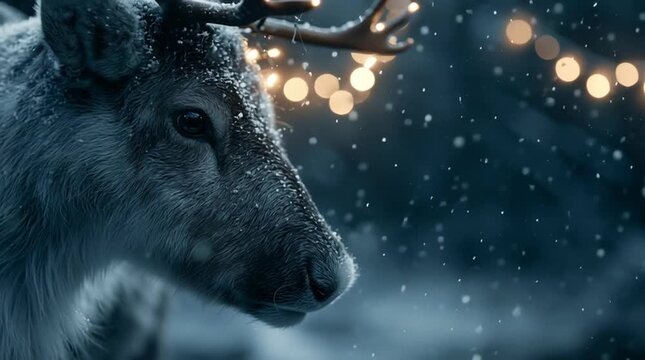 A majestic reindeer stands in a snowy forest at night, its frost-covered fur and antlers illuminated by warm Christmas lights reflected in its eyes, with snow and visible breath.