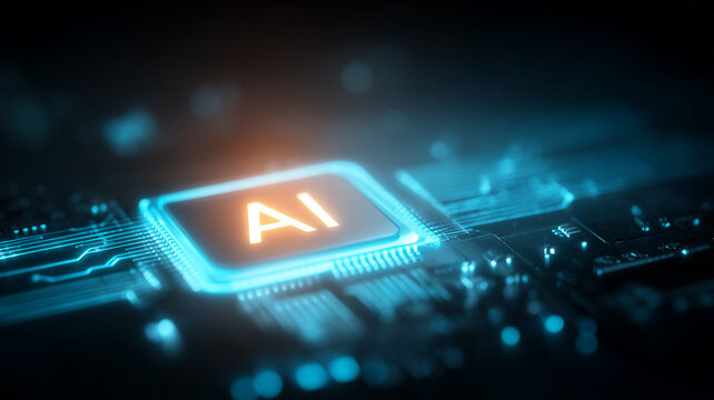 An AI microchip glows on a circuit board to represent artificial intelligence processing machine learning and next generation computing hardware.

