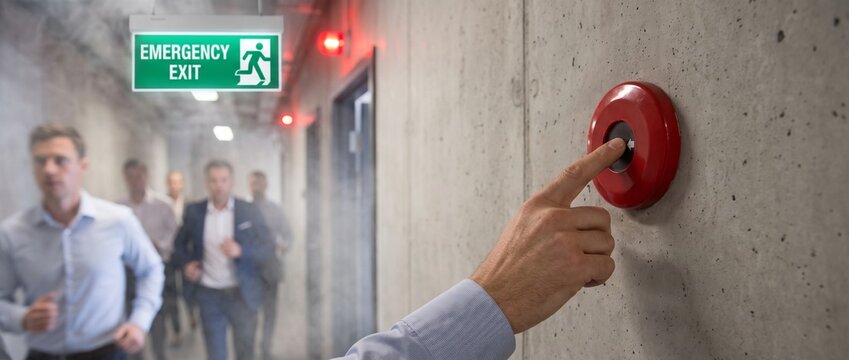  First-person point of view of a hand pressing a red fire alarm button on a concrete wall, with a blurred group of male office workers evacuating down a smoky corridor towards a green emergency exit .