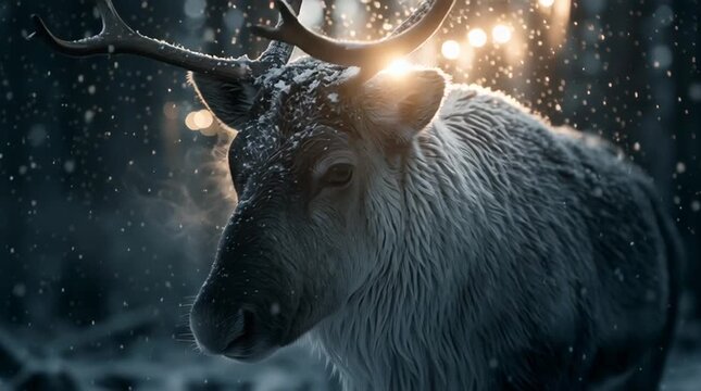 A majestic reindeer stands in a snowy forest at night, its frost-covered fur and antlers illuminated by warm Christmas lights reflected in its eyes, with snow and visible breath.