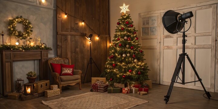 Vintage Christmas photo studio interior with decorated tree fireplace and festive lights