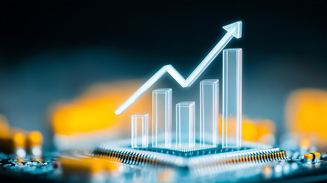 A rising bar chart and upward arrow above a microchip represent technology growth business performance and semiconductor industry expansion.
