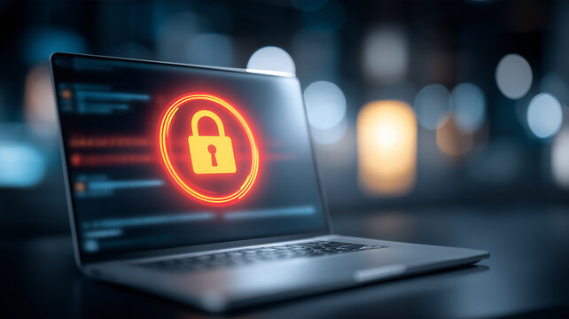 A laptop displaying a padlock represents computer security protected data access and cybersecurity defense for digital information.
