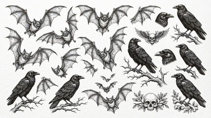 Obraz premium Spooky Halloween Bat Raven Graphic Collection Hand Drawn Line Art Flying Bat Textured Wing Gothic Perched Raven Sharp Claw Realistic Engraving Shading Black Ink White Background Asset