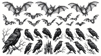 Obraz premium Spooky Halloween Bat Raven Graphic Collection Hand Drawn Line Art Flying Bat Textured Wing Gothic Perched Raven Sharp Claw Realistic Engraving Shading Black Ink White Background Asset