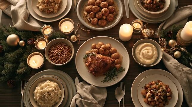 A beautifully prepared Christmas Eve dinner table with traditional festive dishes, candles, evergreen branches, ceramic plates and linen napkins in a warm European setting.