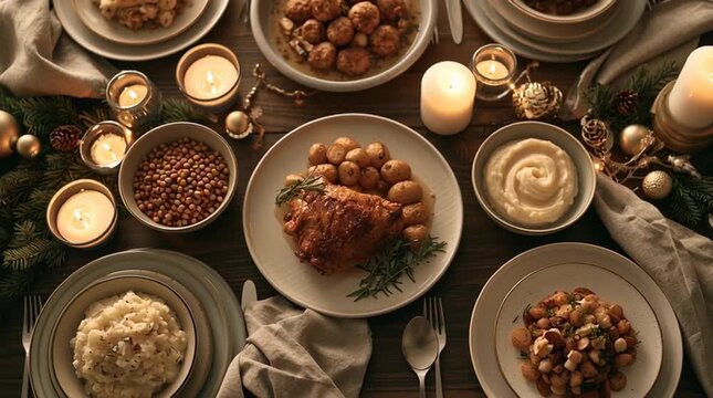 A beautifully prepared Christmas Eve dinner table with traditional festive dishes, candles, evergreen branches, ceramic plates and linen napkins in a warm European setting.