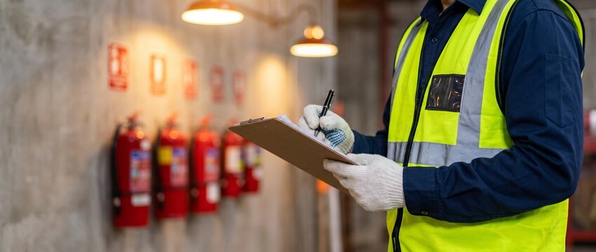  Unrecognizable industrial safety inspector in a yellow reflective vest writing on a clipboard, checking fire extinguishers during a routine workplace hazard inspection