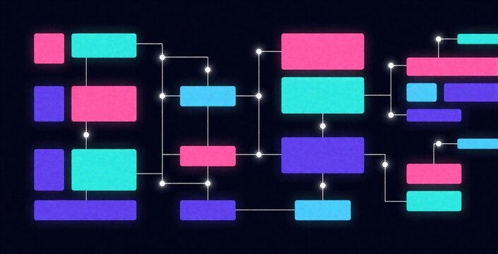 Abstract digital flowchart with colorful blocks and connections. Shows workflow process planning strategy business solutions. Modern graphic design concept.