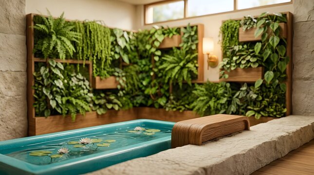 indoor pool with blue water and vertical garden wall with lush plants
