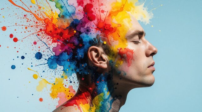 Man head exploding with vibrant color splashes like abstract art. Thoughts and emotions burst forth in a vivid watercolor display. Represents creativity, imagination, and mental inspiration.