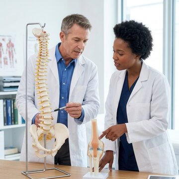Medical Professionals Teaching Anatomy With Skeletal Models In Clinic Setting