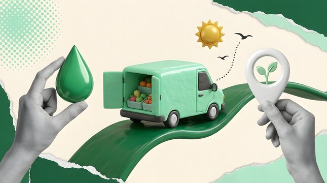 green delivery van carrying fruits on road with water drop and pin icons