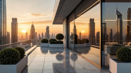 Obraz premium Modern penthouse terrace offers panoramic city skyline view at sunset. Luxurious balcony with planters overlooking tall skyscrapers and urban landscape. Elegant city living space.
