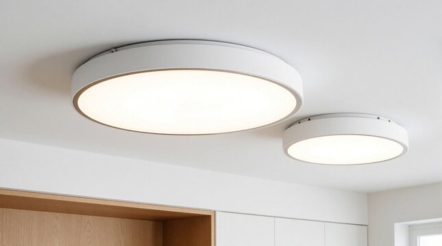 Two modern white round LED ceiling lights illuminate minimalist interior. Flush mount lamps provide bright indoor lighting in clean contemporary design. Suitable for homes apartments offices.