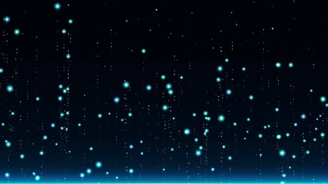 Blue digital particles rain down on dark background with glowing light streak motion.